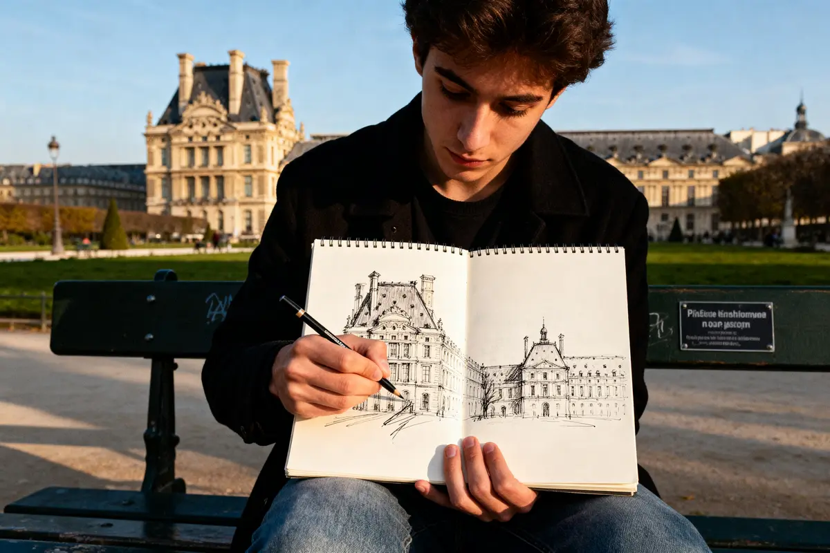 Jeune homme dessinant un bâtiment historique pour apprendre l'architecture en plein air.