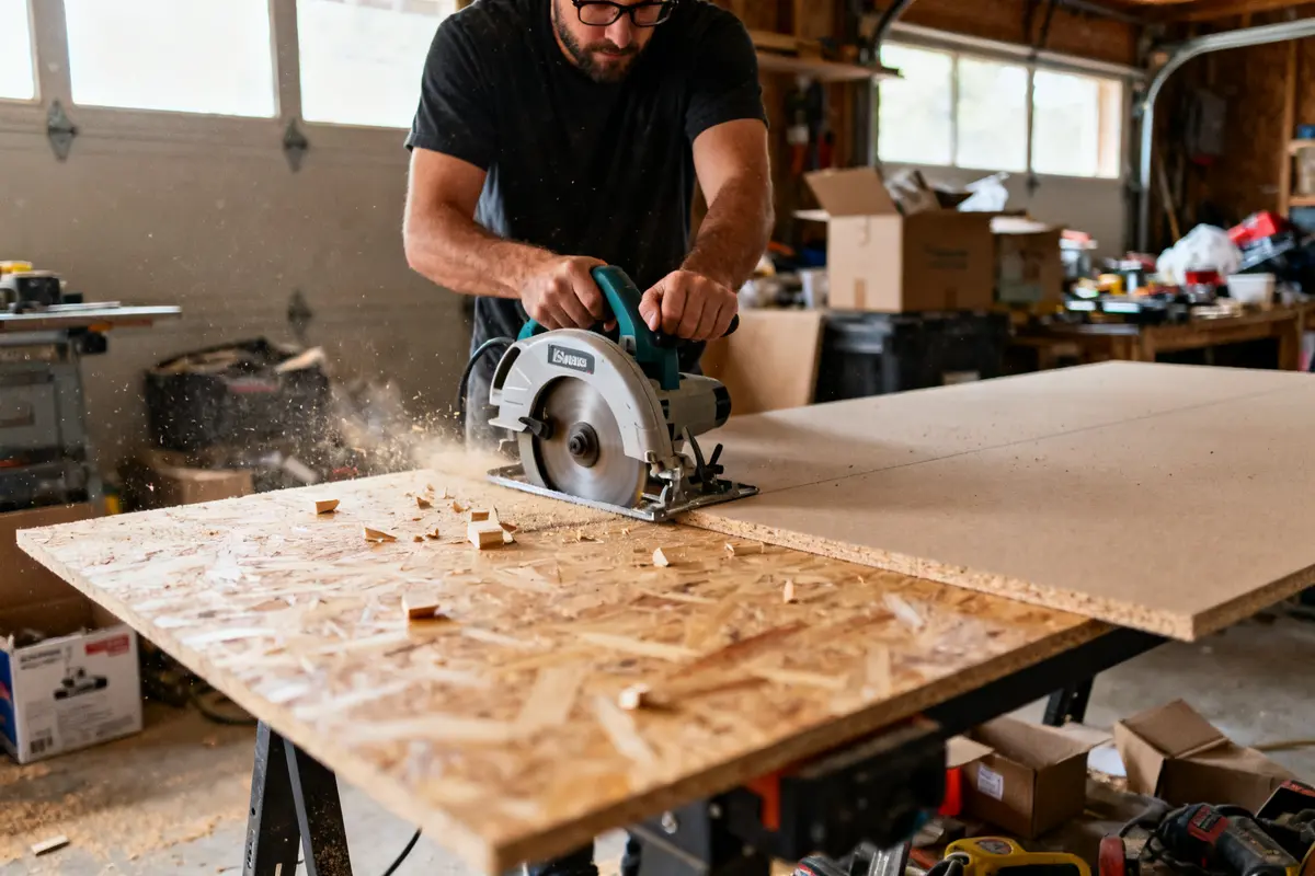 Homme utilisant une scie circulaire pour couper un plan de travail stratifié dans un atelier