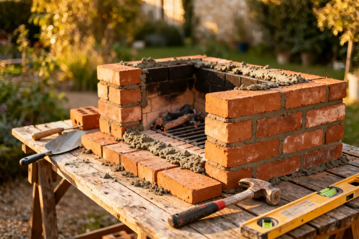 Barbecue en briques en construction avec outils sur table pour fabriquer un barbecue en briques